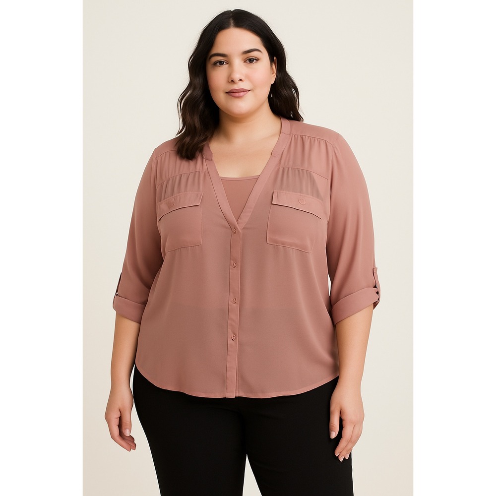 TORRID Pinkโ V-Neck Roll Tab Sleeve Pocket Tunic Blouse Size 2